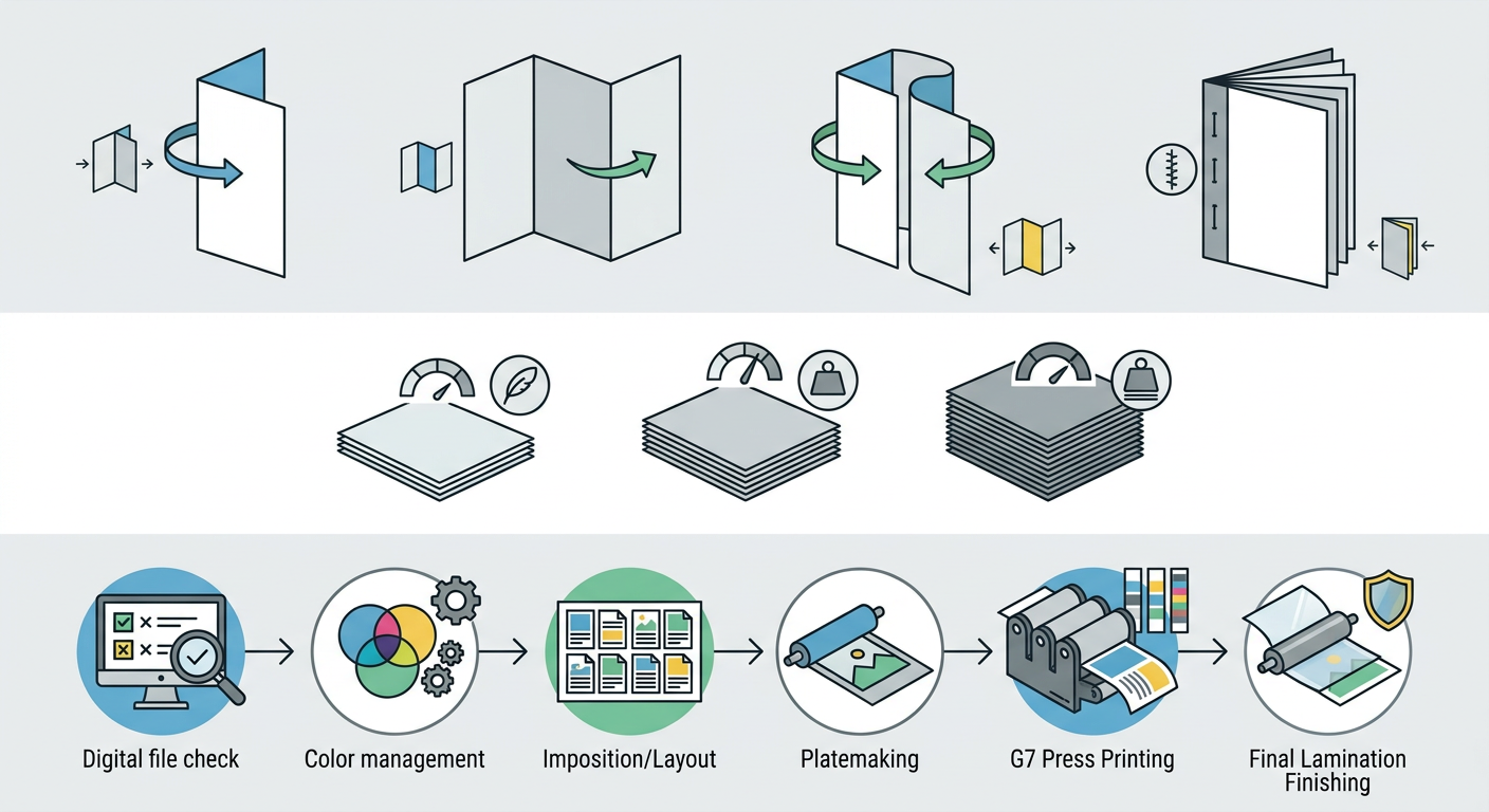Overview of brochure folding styles, paper weights, and G7-certified quality print process.