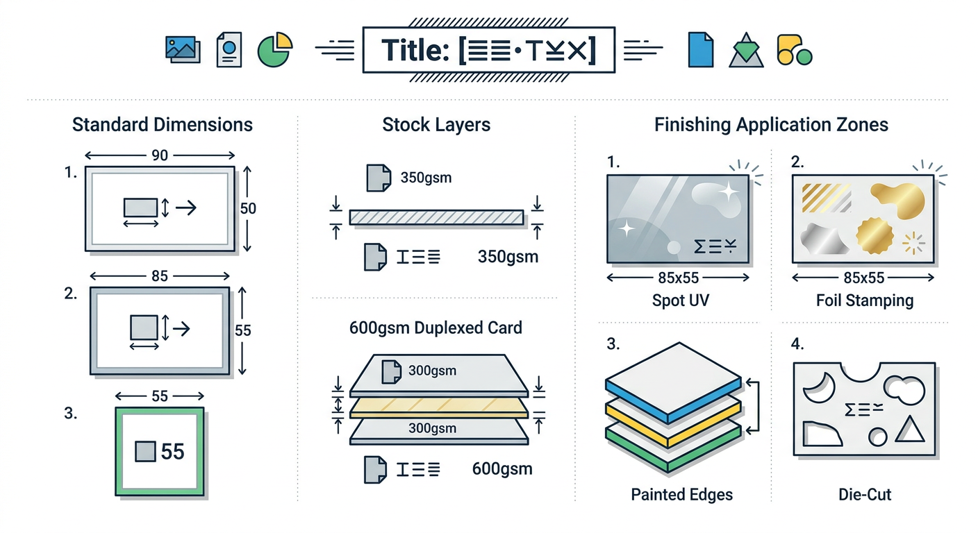 Comparative technical diagram of business card sizes, paper stock weights, and specialty finishing applications.