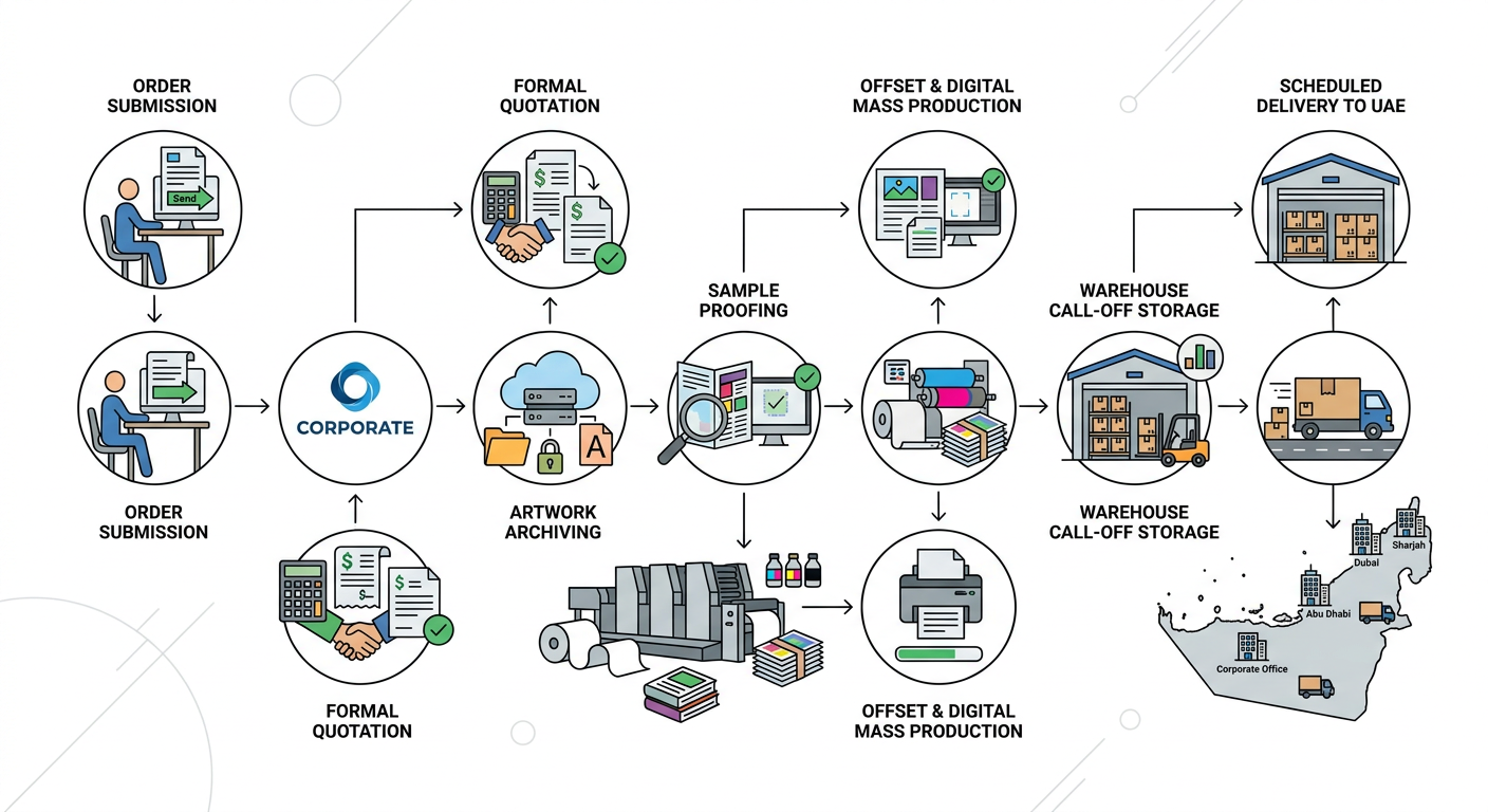 Workflow overview for consolidated corporate print procurement and scheduled UAE multi-branch delivery.