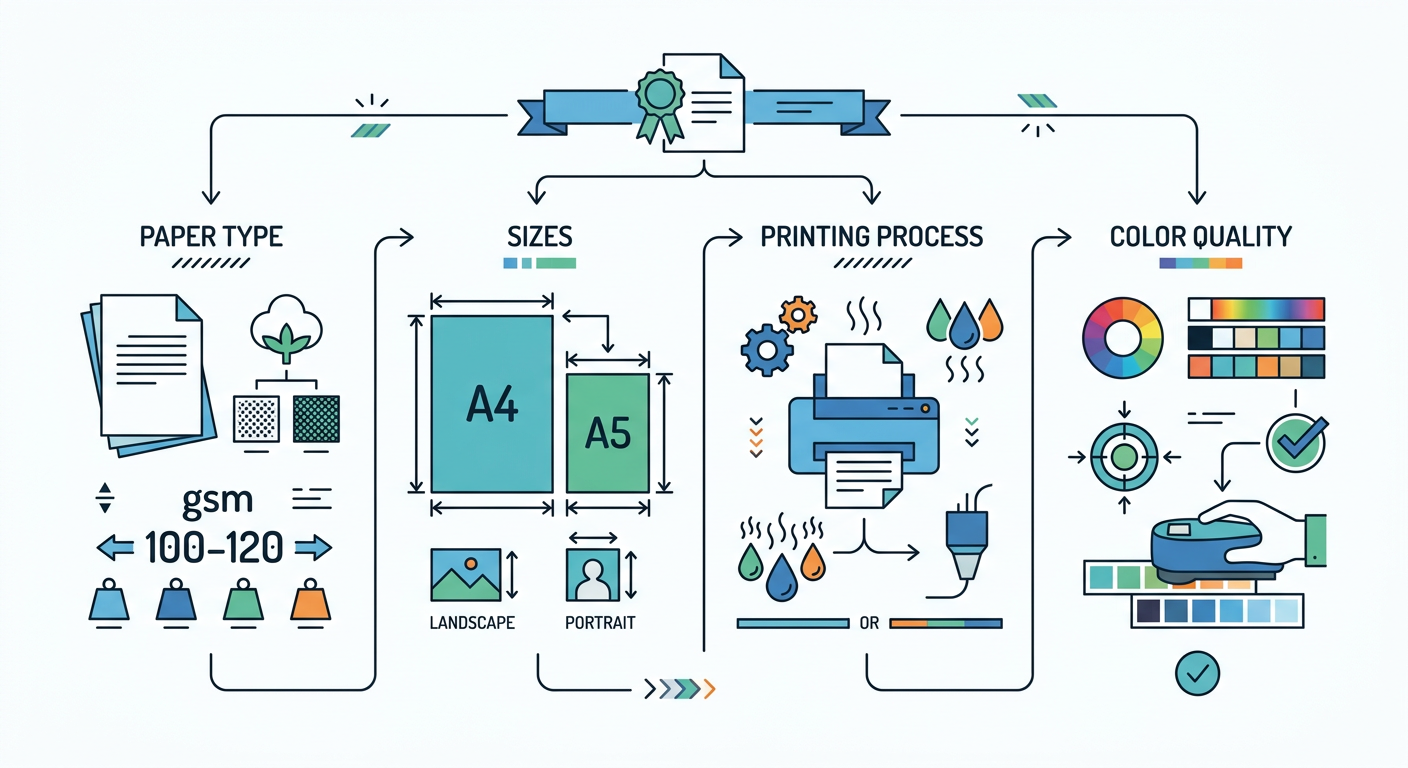 Overview of paper stock choices, sheet sizing, laser-compatible inks, and G7 colour workflow.