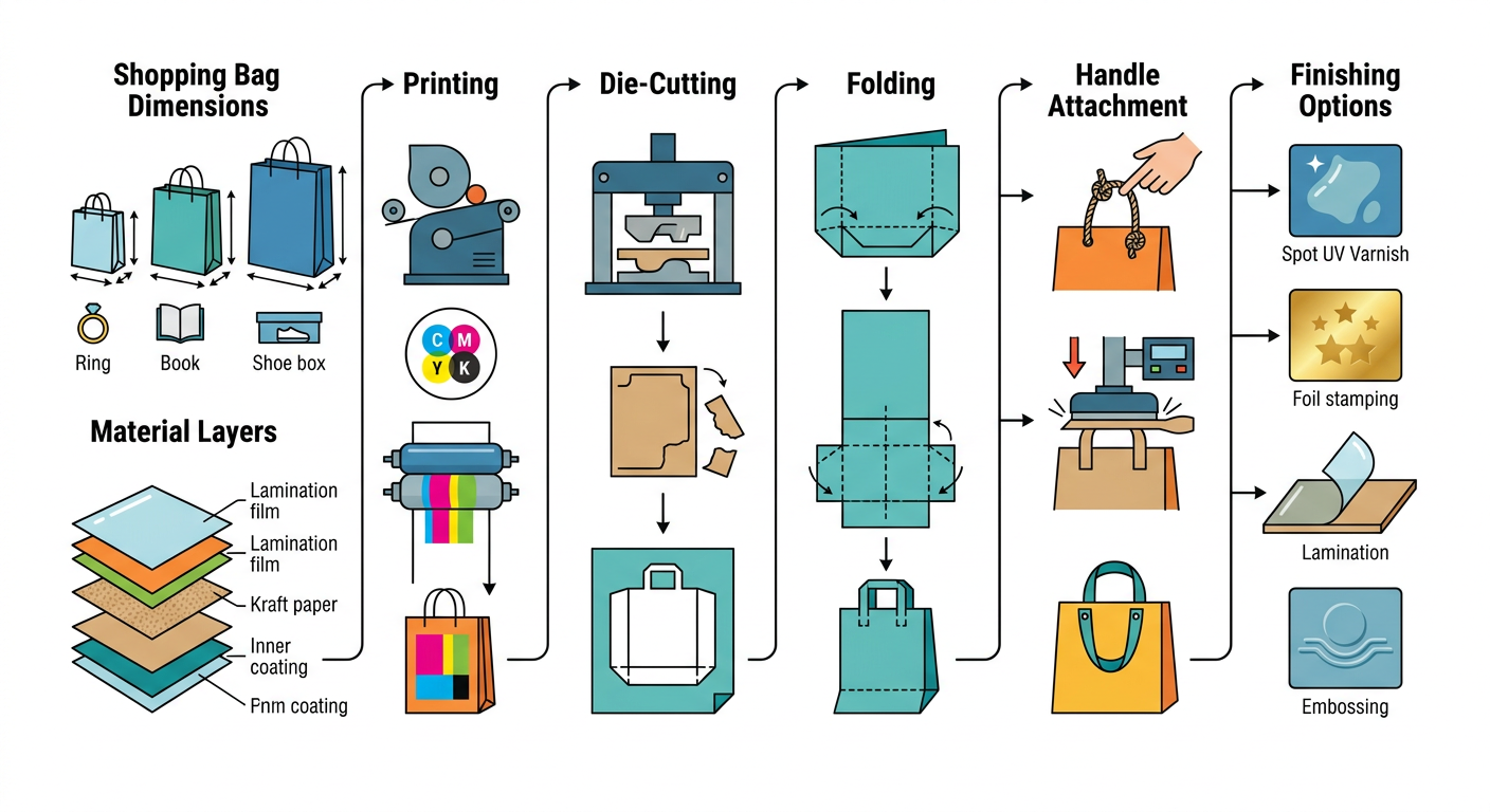 Technical specification of shopping bag materials, size formats, and manufacturing steps in Dubai.